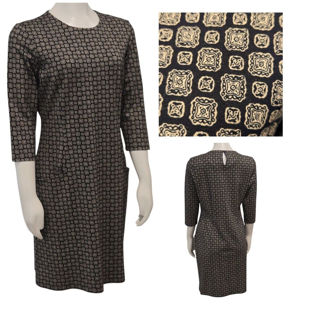 J Mclaughlin Catalyst 3/4 Sleeve Dress Sz M Front Pockets Keyhole Back Medallion